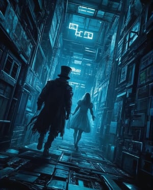 a futuristic madhatter chasing an cybernetic Alice, through a metallic maze,anime,cyberpunk