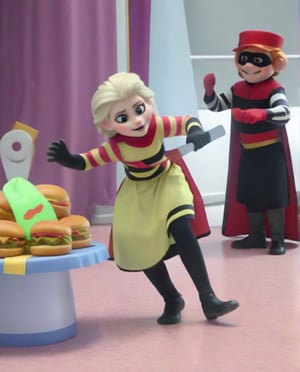 high quality, the hamburglar and princess Elsa in a restrung stealing cheese burgers,