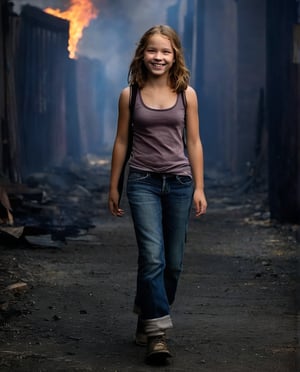 Young girl walking through a dark ally, smiling, hugh fire in the background.
FC-Face_01