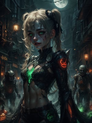 A young vampire slayer, blond hair, tattered and ripped cheerleader uniform, zombies and skeletons coming from her behind, standing fearfully on the street, street lights in back ground. The scene is illuminated by flickering light from the street lamps.,spookbyte