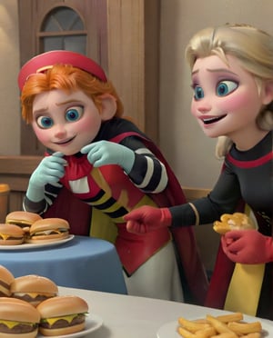 high quality, the hamburglar and princess Elsa in a Resturant stealing cheese burgers,