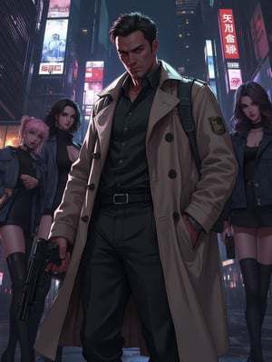 GTA character at aclub, wearing a trench coat in an epic gun battle with three dark figures, ladies in the background fearful, gtastyle, anime