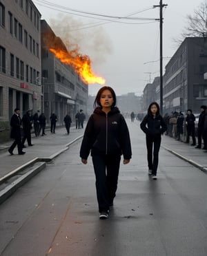 Young girl walking through a dark ally, angry, a shape a a man on fire in the background.
FC-Face_01