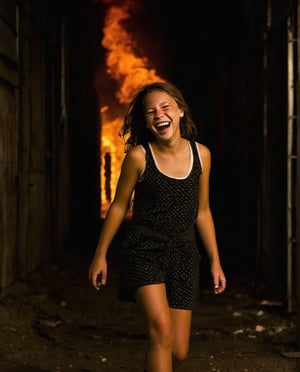 Young girl walking through a dark ally, laughing, hugh fire in the background.
FC-Face_01