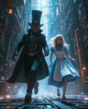 a futuristic madhatter chasing an cybernetic Alice, through a metallic maze,anime,cyberpunk