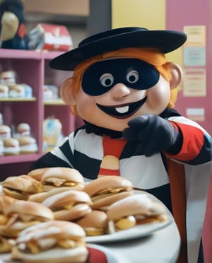 high quality, 8K resolution. the hamburglar stcaring at Elsas beauty while she’s taking to Ronald, this scene beckoning the viewer into this masterful world of fantasy.,hamburglar