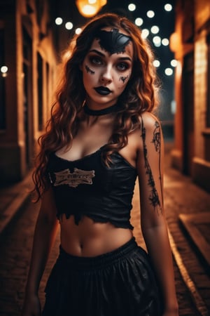 A stunning young girl, in a prison costume with intricate detailing, stands confidently on a dark street corner, street lights in back ground. The scene is illuminated by flickering light from the street lamps. Her expression playful.,Halloween