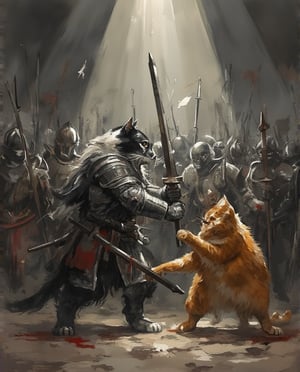 A sharp light bathes a dreary scene, where a long haired black and white cat warrior fighting a orange hire cat with sword and claw, donning a high tier suits of armor. The cats intense fighting is capture in a dark and bloody tone, a battle army in background,Watercolor style