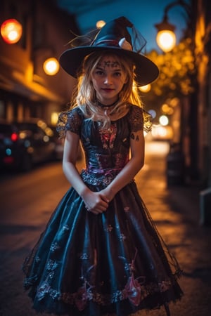 A stunning young girl, in a fairy costume with intricate detailing, stands confidently on a dark street corner, street lights in back ground. The scene is illuminated by flickering light from the street lamps. Her expression playful.,Halloween