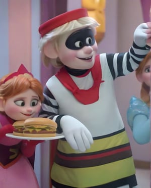 high quality, the hamburglar and princess Elsa in a restrung stealing cheese burgers,