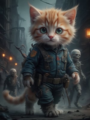 A young cat, orange hair, tattered and ripped police uniform, zombies and skeletons coming from behind, on the street, street lights in back ground. The scene is illuminated by flickering light from the street lamps.,spookbyte