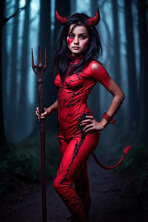 A stunning young girl, teenager, in a form-fitting red devil costume with intricate detailing, including horns and a tail, stands confidently in a dark, eerie forest. Her face is adorned with Halloween face paint, featuring sharp, dramatic lines and glowing eyes. The scene is illuminated by a mix of moonlight and eerie, flickering light, casting long shadows. She holds a pitchfork in one hand, her expression playful yet menacing. The composition frames her from the waist up, focusing on her costume and face paint, with the forest background adding to the spooky atmosphere.