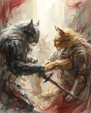 A sharp contrast drawing with color prorating the dark tones set forth in a seen of battle, Pencil drawing