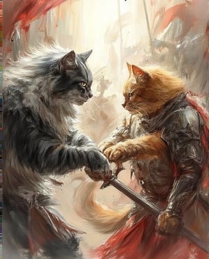 A sharp light bathes a dreary scene, where a long haired black and white cat warrior fighting a orange hire cat with sword and claw, donning a high tier suits of armor. The cats intense fighting is capture in a dark and bloody tone, a battle army in background,Watercolor style,Pencil drawing