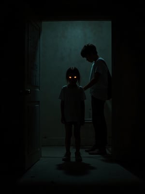 little sister standing corner of a dark room, eyes glowing slighly, brother in foreground,