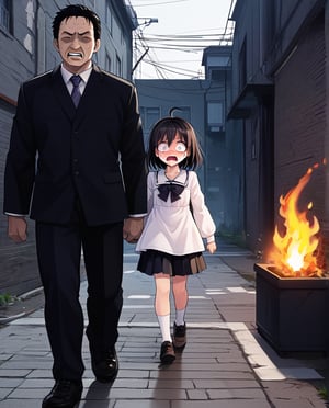 Young girl walking through a dark ally, scared, a shape a a man on fire in the background.
FC-Face_01