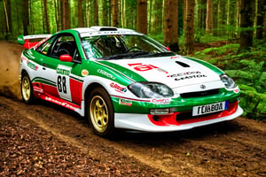 ((place a 1998 Toyota Celica rally car in Woodland offroad track)), ((make sure that it has the red and green Castrol colour scheme)), ((Toyota is known for sporting this iconic colour scheme for Castrol engine oil)), ((this Celica was featured in the Sega rally championship computer game)), ((no humans)), ((car with wide-body kit and rally style paint work and decals)), ((show whole car and view from front left corner)), ((vehicle is a Toyota celica GT 2 litre from 1998 with the Castrol red and green livery)), ((celica6)), ((celica6)), place a 1998 Toyota Celica rally car in Woodland offroad track, make sure that it has the red and green Castrol colour scheme, Toyota is known for sporting this iconic colour scheme for Castrol engine oil, this Celica was featured in the Sega rally championship computer game, no humans, car with wide-body kit and rally style paint work and decals, show whole car and view from front left corner, vehicle is a Toyota celica GT 2 litre from 1998 with the Castrol red and green livery, celica6, celica6, an old japanese car going through a forest road on dirt, vehicle focus, ground vehicle, car, motor vehicle, no humans, outdoors