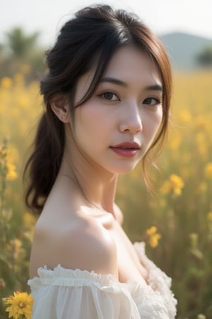 Best quality, masterpiece, ultra high res, (photorealistic:1.4), raw photo, 1girl, white dress, off shoulder, blossom flower field, glowing skin, light smile,asian