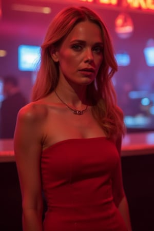 woman, Katia Winter, red dress, necklace, night club, neon lights