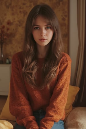 photo of a stunning girl, wear an autumn jumper, long hair on one side, looks at the camera, symmetrical eyes, symmetrical face, Photorealistic, photo, path tracing, mirror lighting, volumetric light for face, path of drawn hair, visible shadows, difficult, Develop