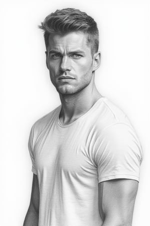 man, masculine, t-shirt, looking at viewer, portrait, pencil drawing