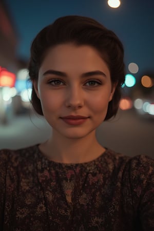 8k, best quality, masterpiece, ultra high resolution, (realism: 1.4), original photo, (Realistic skin texture: 1.3), (film grain: 1.3), (Selfie angle), woman, night sky and neon glow behind her, dark brunette hair tied in a french twist, fashionable clothes, 1940s style conservative dress, very pale skin, \realface\