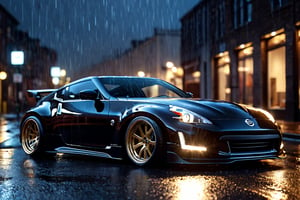 Nissan Fairlady Z, midnight, rain, 8k, 4k, detailed, attractive, beautiful, impressive, photorealistic, realistic, cinematic composition, volumetric lighting, high-resolution, vivid, detailed, stunning, professional, lifelike, crisp, flawless, DSLR, 4k, 8k, 16k, 1024, 2048, 4096, detailed, sharp, best quality, high quality, highres, absurdres, maximum detail, hard rim lighting photography, hyper realism, high detail, 8k, HDR, UHD