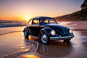 car photography, a black Volkswagen Beetle on the beach at sunset, 8k, 4k, detailed, attractive, beautiful, impressive, photorealistic, realistic, cinematic composition, volumetric lighting, high-resolution, vivid, detailed, stunning, professional, lifelike, crisp, flawless, DSLR, 4k, 8k, 16k, 1024, 2048, 4096, detailed, sharp, best quality, high quality, highres, absurdres, maximum detail, hard rim lighting photography, hyper realism, high detail, 8k, HDR, UHD