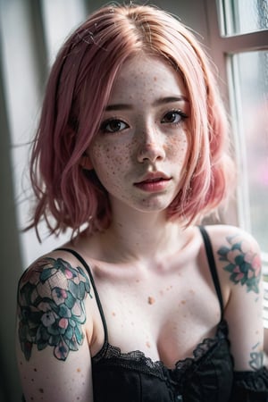 An ultra-detailed photo portrait of a (gothic girl with pink hair:1.3) and (freckles:1.2), hit by a (ray of sun from a window:1.1), dramatic contrast, intricate lace details, deep shadows, vibrant highlights, soft textures, Canon EOS 5D Mark IV, 1/320s, f/1.8, ISO 100, high fidelity, crystal-clear sharpness, moody atmosphere, ethereal glow, delicate interplay of light and shadow, captivating gaze, rich color palette, artistic expression,