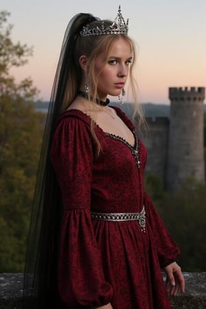 Gorgeous and sultry busty athletic (thin) queen with sharp facial features wearing a modest updo, dark red medieval dress, long sleeves, intricate patterns, scrollwork, wide neck, crown, veil, long dress, modest dress, tight bodice, (silver waist chain), medieval jewelry, Middle Ages, castle, rampart, wall, exterior, on top of a castle wall, trees, countryside, evening, sunset,venetia