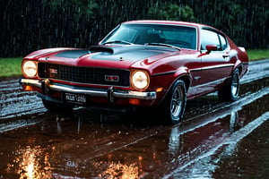 car photography, Ford Maverick 1975 in the rain , 8k, 4k, detailed, attractive, beautiful, impressive, photorealistic, realistic, cinematic composition, volumetric lighting, high-resolution, vivid, detailed, stunning, professional, lifelike, crisp, flawless, DSLR, 4k, 8k, 16k, 1024, 2048, 4096, detailed, sharp, best quality, high quality, highres, absurdres, maximum detail, hard rim lighting photography, hyper realism, high detail, 8k, HDR, UHD