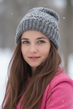 a photo a woman wearing a wool hat and pink coat in the snow, 1girl, hat, looking at viewer, blurry, blue eyes, solo, lips, outdoors, blurry background,\realface\