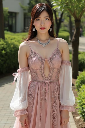 Akemi Kihara,japanese woman, luxury dress, necklace, outdoors