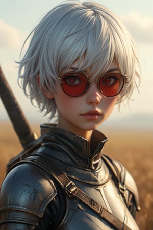 masterpiece , Young woman, in field, ( light white short hair:1.2), (Red eyes:1.2), (Crusader:1.2), (looks at the viewer:1.2) , (8 K, Best quality 1.2), ultra detailed, 8 K uhd, soft lighting, high quality, granularity, beautiful lighting, cinematic ,perfect body , Better lighting, best shadow, Sharpness, contrast, red glasses, dirty hair, , absurd face with high detail, steel armor, big sword, anime