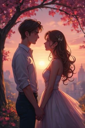 vibrant color, cinematic light, romantic scene, a young handsome man meets an elegant young lady in the park, anime