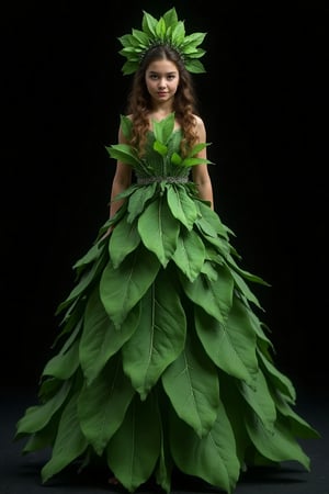 girl, dress made of green leaves, inset black background, character concept, trending on Artstation, insane, photorealistic