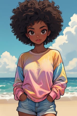 woman, mature, gorgeous, (afro hair, shy, tanned skin, dark skin, big eyes), rainbow sweater, shorts, sunny, outdoors, makeup, pastel color, anime