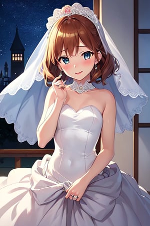 (Best quality, a high resolution, masterpiece:1.2,), illustration, night, 1 girl, whole body, (Wedding Dress), hand behind your back, waiting for a kiss, looking at the viewer, happy, blush, anime style