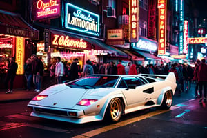 car photography,  Lamborghini Countach car, ((at night)), in crowded cyberpunk chinatown, surrounded by a crowd, (neon signs:1.2),(neon lights:1.4), 8k, 4k, detailed, attractive, beautiful, impressive, photorealistic, realistic, cinematic composition, volumetric lighting, high-resolution, vivid, detailed, stunning, professional, lifelike, crisp, flawless, DSLR, 4k, 8k, 16k, 1024, 2048, 4096, detailed, sharp, best quality, high quality, highres, absurdres, maximum detail, hard rim lighting photography, hyper realism, high detail, 8k, HDR, UHD,