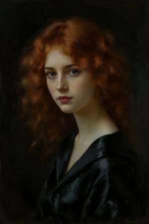 1woman,in the dark, film grain, award winning, (green tint:0.5), looking to the side, redhead, oil painting