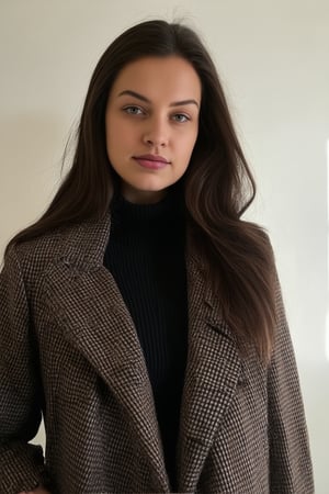 (photorealism:1.2), Realistic color waist-up portrait (three-quarters to the camera) of a young woman with long, fluffy dark brown hair, wearing a vintage checkered coat with a black pullover underneath covering her neck. The woman should be facing directly towards the camera with a neutral expression, similar to the pose in an old black-and-white photograph. The image should replicate the soft lighting and vintage aesthetic of the original photo but in a modern, high-resolution style. The background should be blurred, keeping the focus on the subject, and the colors should be vibrant and natural, as if taken with a DSLR camera., Louisa