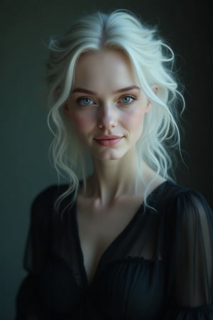 Raw photo, face portrait photo of a beautiful 26-year-old girl, cute face, in a black dress, happy face, hard shadows, cinematic frame, dramatic lighting,albino,white hair