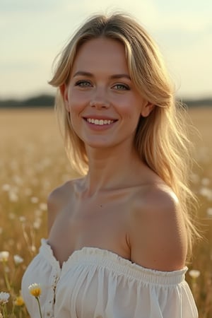 Best quality, masterpiece, ultra high res, (photorealistic:1.4), raw photo, 1girl, white dress, off shoulder, flower field, glowing skin, light smile, Katia Winter