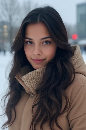 (realistic:1.7), (Cinematic quality:1.5), 1girl, cute, very sweet, cold girl on the snow, well covered with warm clothes, smile, hooded coat, long hair , masterpiece, best quality, (very aesthetic:1.2), (absurdres:1.2), (detailed background), woman, black hair, curly hair, long hair, olive eyes, slim waist, light skin,Louisa