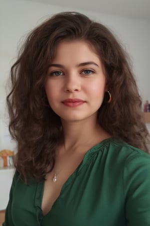 Make a realistic beautiful woman with curly brown hair, with brown skin tone and with a green blouse and colorful hoop earrings.,\realface\