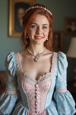 victorian woman who is a mash up of Molly Quinn, Scarlett Johanson and Alison Brie. Light Pink and Light blue dress. Green Eyes, Wide innocent smile, lace, jewels, large eyes, filligree.,\realface\