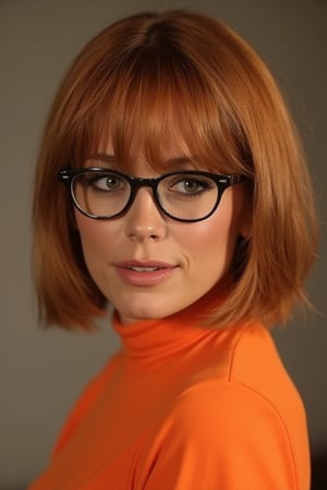 velma from scooby-doo, bobcut, very sultry look, so hot girl, beautiful charismatic girl, so hot shot, athletic body, a woman wearing eye glasses and an orange top, life-size figures,Katia Winter