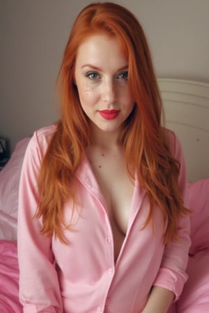 girl, pajamas, freckles, redhead, red lipstick, bedroom