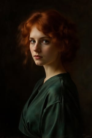 1woman,in the dark, film grain, award winning, (green tint:0.5), looking to the side, redhead, oil painting