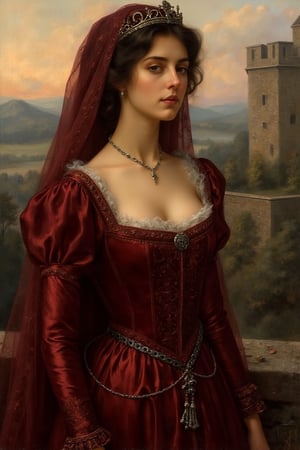 Gorgeous and sultry busty athletic (thin) brunette queen with sharp facial features wearing a modest updo, dark red medieval dress, long sleeves, intricate patterns, scrollwork, wide neck, crown, veil, long dress, modest dress, tight bodice, (silver waist chain), medieval jewelry, Middle Ages, castle, rampart, wall, exterior, on top of a castle wall, trees, countryside, evening, sunset. oil painting